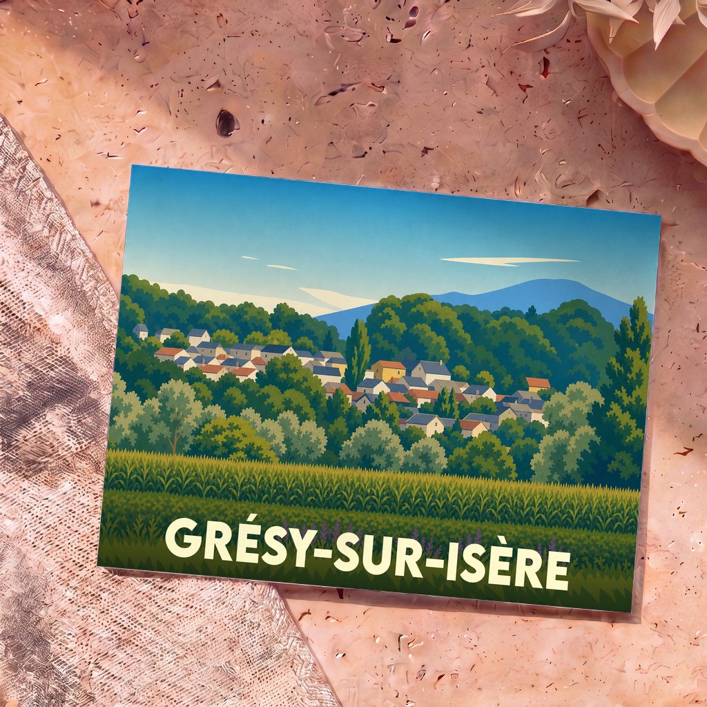 Carte postale souvenir de Grésy-sur-Isère avec une illustration stylisée du village niché entre forêt et montagnes.