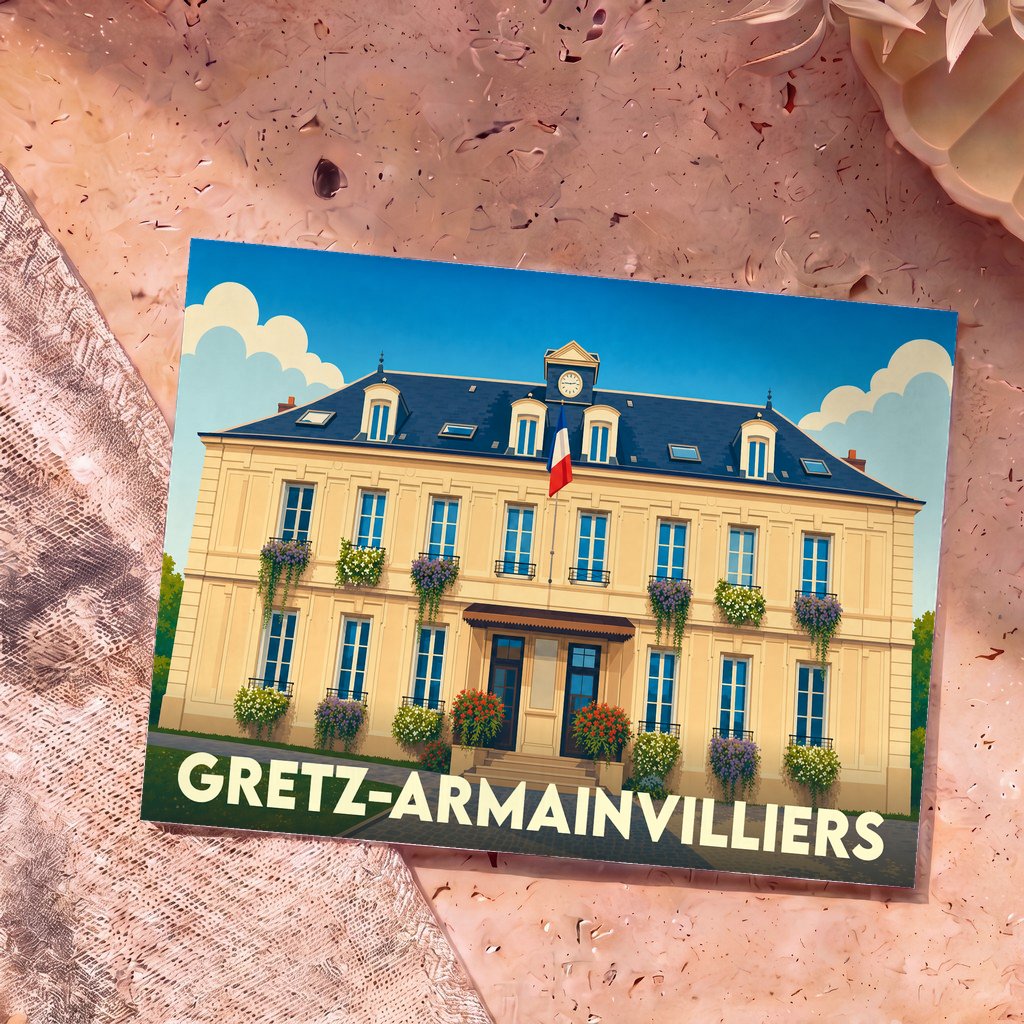 Carte postale souvenir de la ville de Gretz-Armainvilliers avec une illustration stylisée de son hôtel de ville.