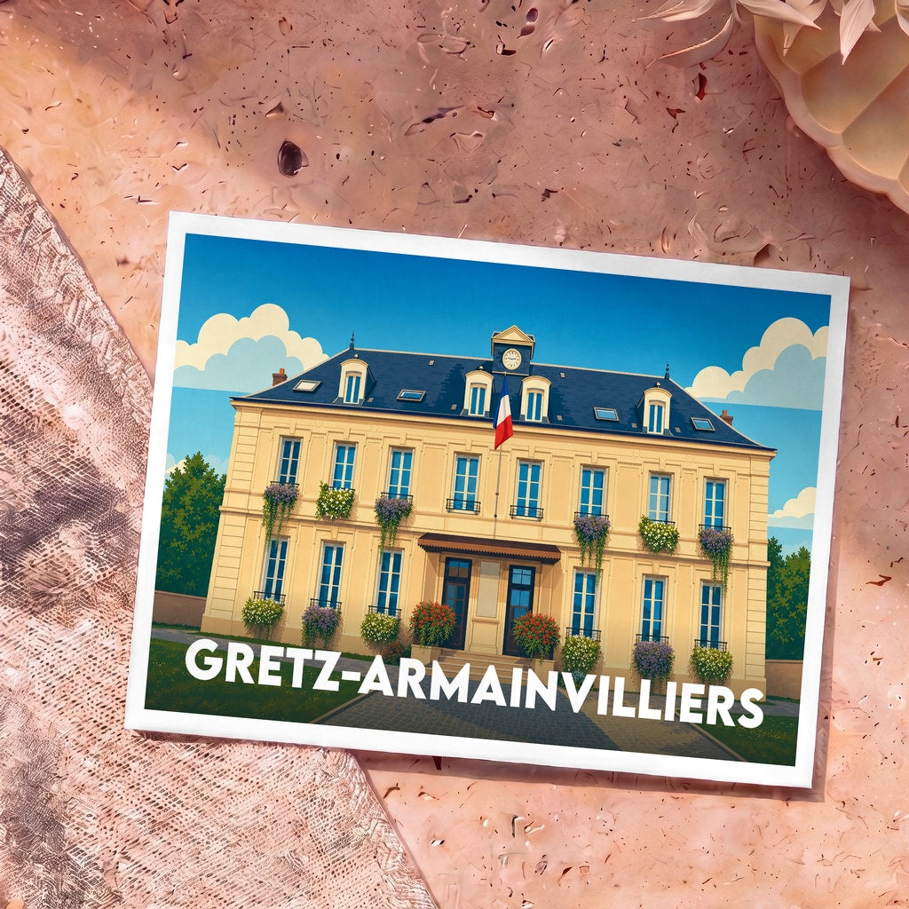 Carte postale souvenir de la ville de Gretz-Armainvilliers avec une illustration stylisée de son hôtel de ville.