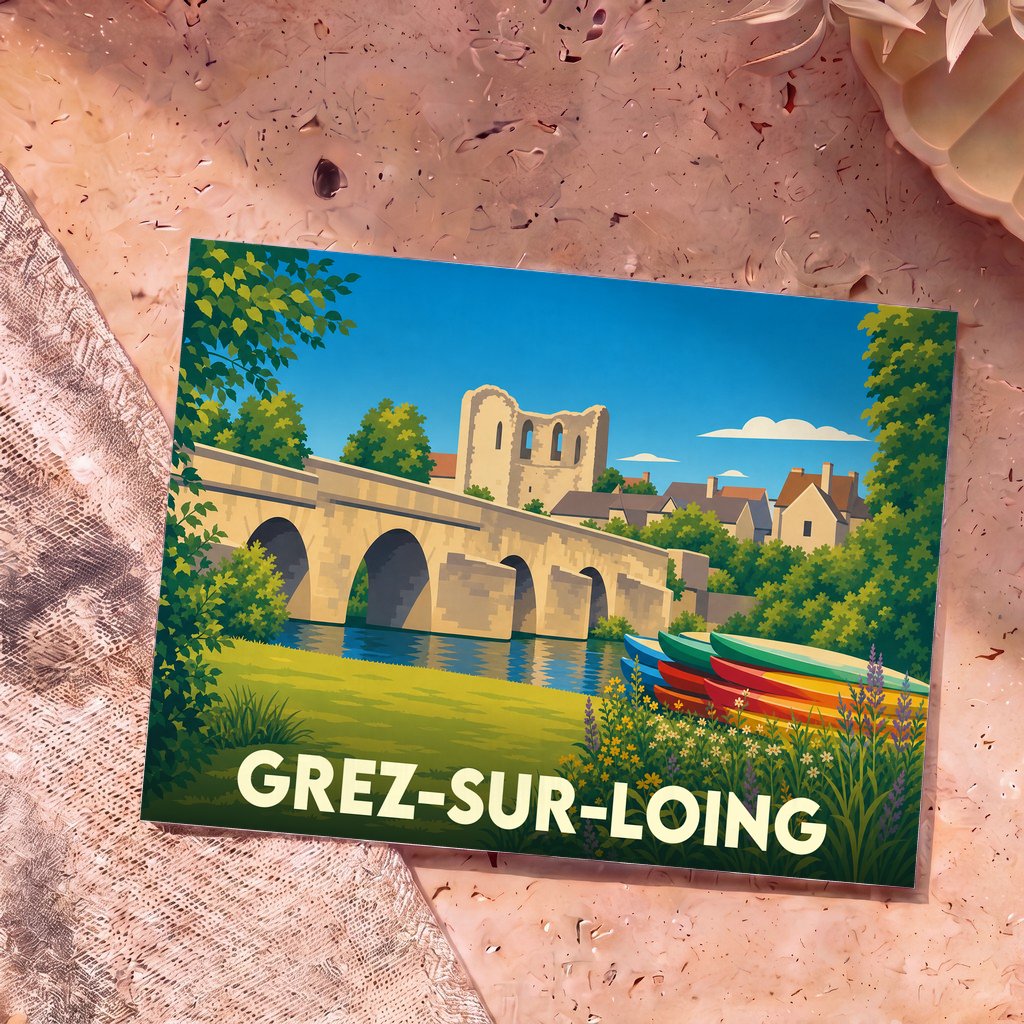Carte postale souvenir de la ville de Grez-sur-Loing avec une illustration stylisée d'un pont médiéval et de canoës.