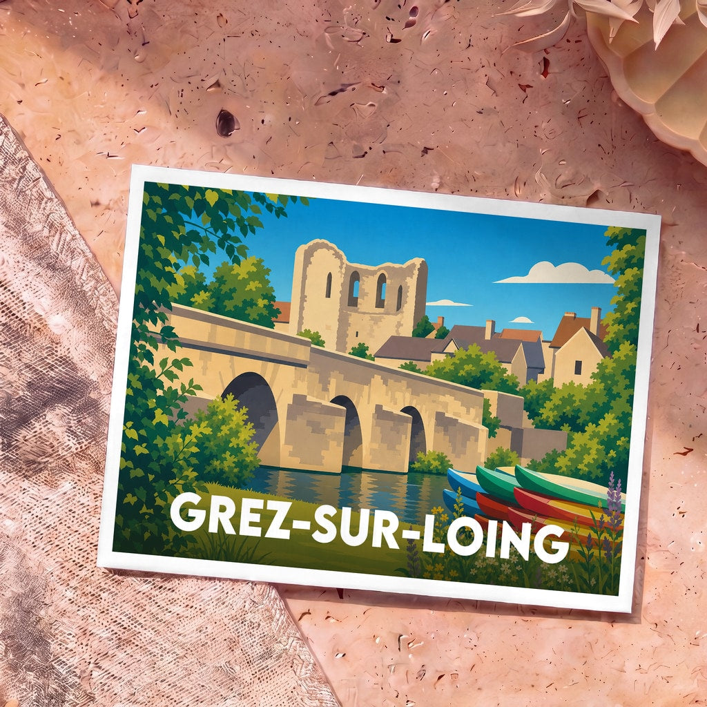 Carte postale souvenir de la ville de Grez-sur-Loing avec une illustration stylisée d'un pont médiéval et de canoës.