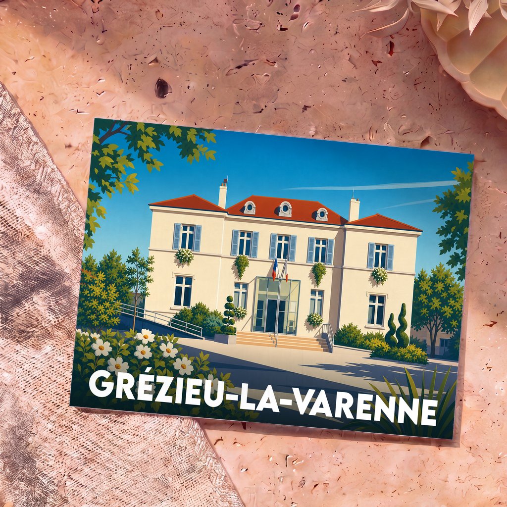 Carte postale souvenir de la ville de Grézieu-la-Varenne avec une illustration stylisée de sa mairie.