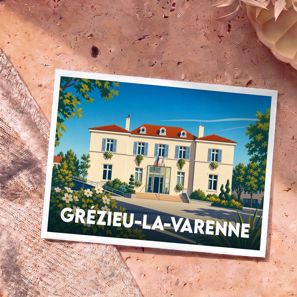 Carte postale souvenir de la ville de Grézieu-la-Varenne avec une illustration stylisée de sa mairie.