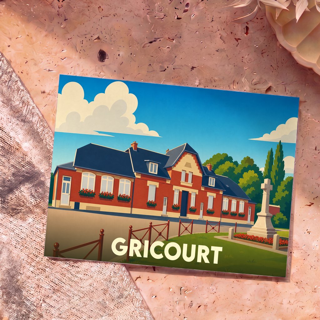 Carte postale souvenir de la ville de Gricourt avec une illustration stylisée de sa mairie et de son monument aux morts.