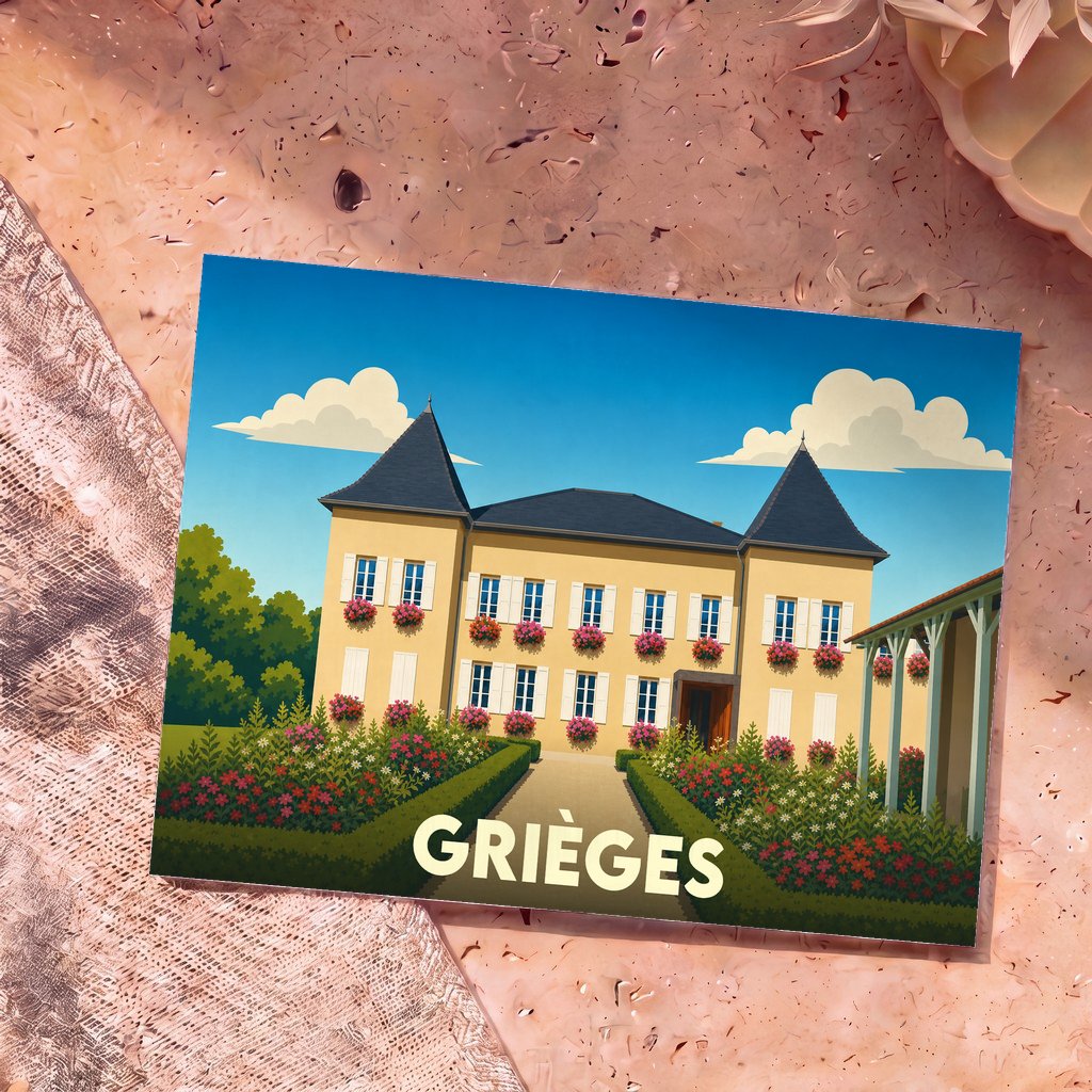 Carte postale souvenir de la ville de Grièges illustrant une demeure de style classique avec jardin fleuri.