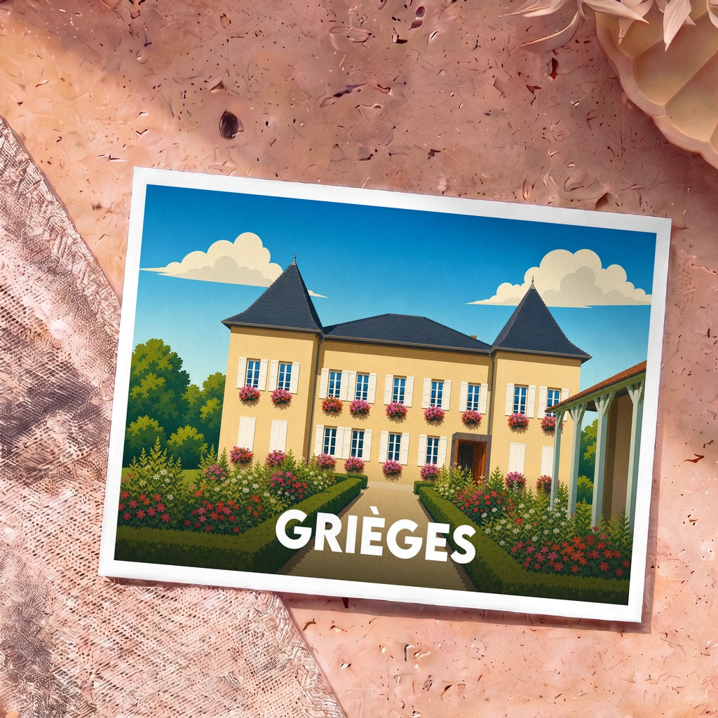 Carte postale souvenir de la ville de Grièges illustrant une demeure de style classique avec jardin fleuri.