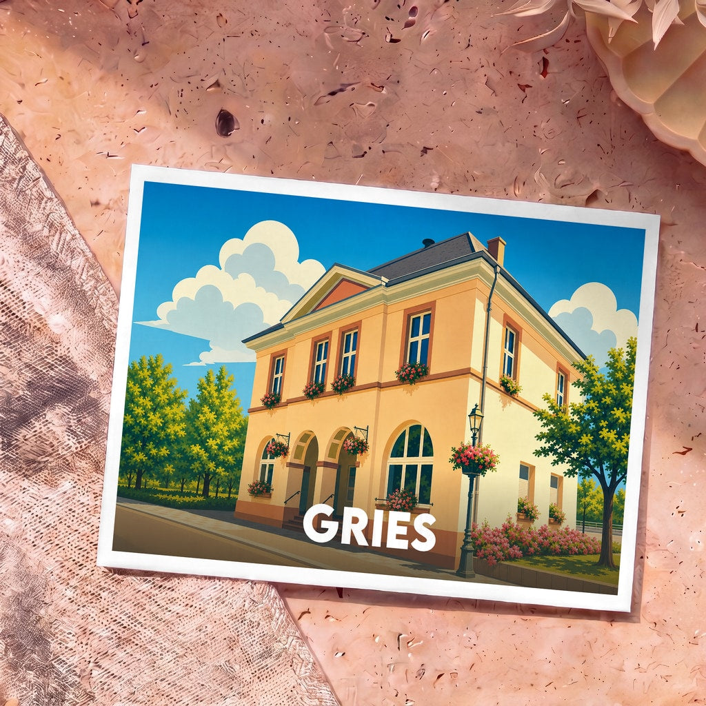 Carte postale souvenir de la ville de Gries avec une illustration stylisée d'un bâtiment fleuri.