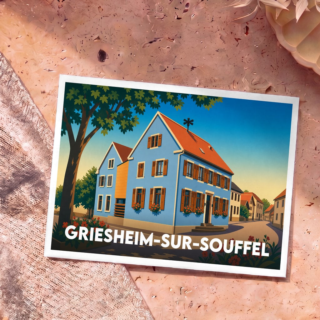 Carte postale souvenir de la ville de Griesheim-sur-Souffel avec une illustration stylisée d'une maison alsacienne bleue.