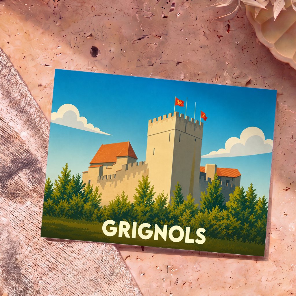 Carte postale souvenir de la ville de Grignols avec une illustration stylisée de son château médiéval.