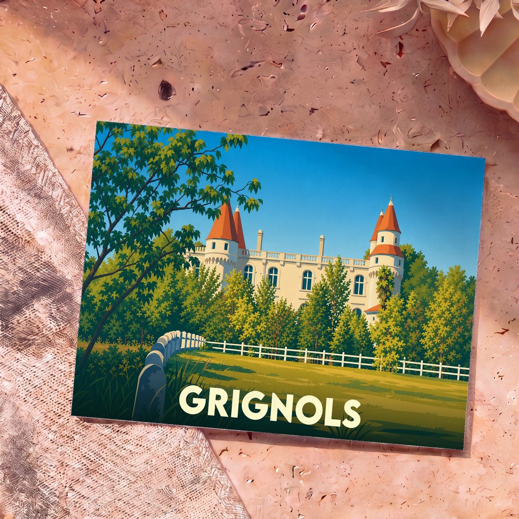 Carte postale souvenir de la ville de Grignols avec une illustration stylisée d'un château.