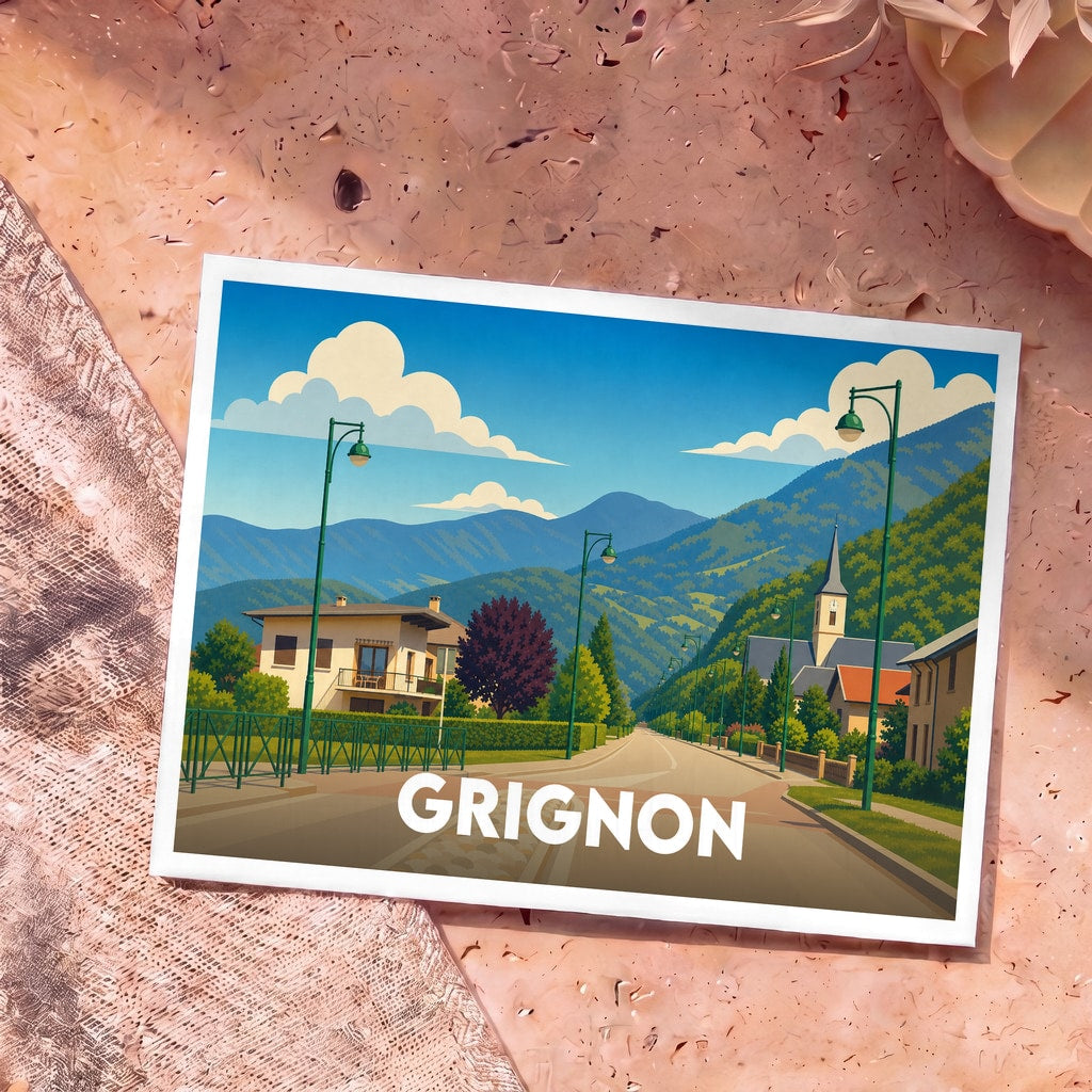 Carte postale souvenir de la ville de Grignon avec une illustration stylisée et colorée.