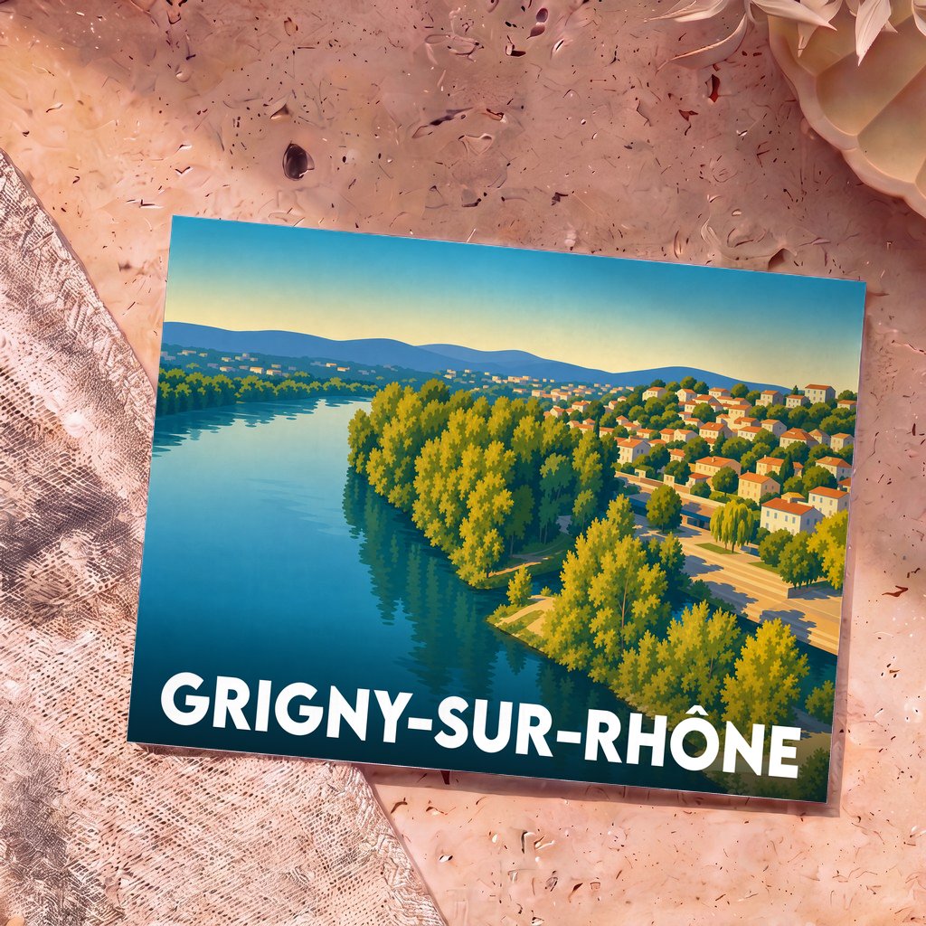 Carte postale souvenir de la ville de Grigny-sur-Rhône avec une illustration stylisée des bords du Rhône.