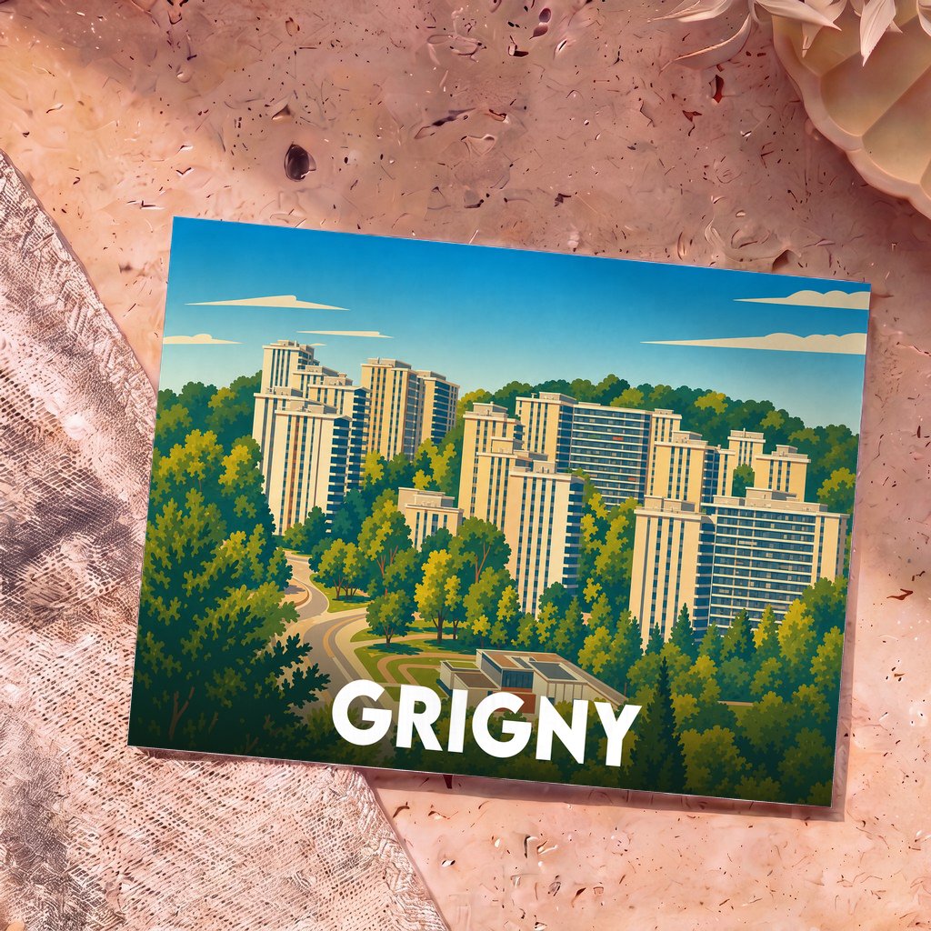Carte postale souvenir de la ville de Grigny arborant une illustration stylisée de ses grands ensembles résidentiels au milieu de la verdure.