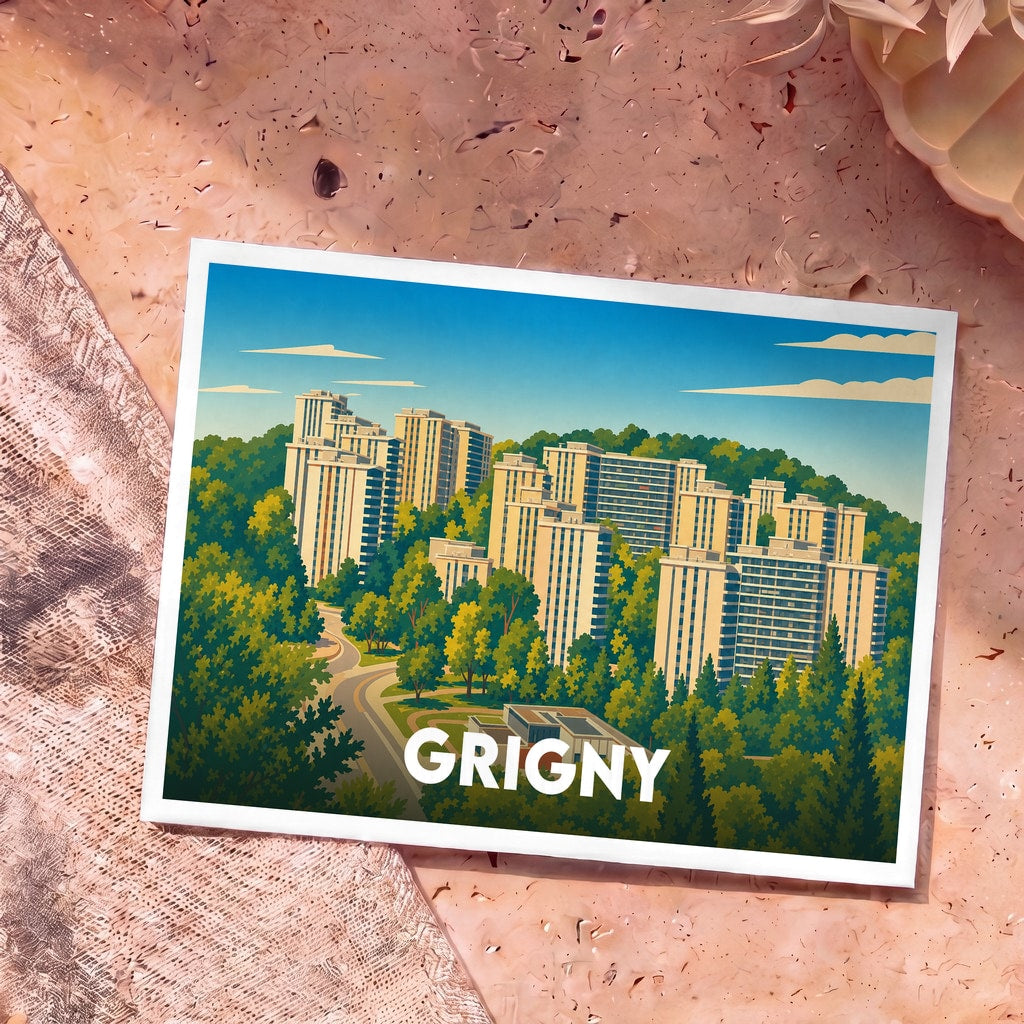Carte postale souvenir de la ville de Grigny arborant une illustration stylisée de ses grands ensembles résidentiels au milieu de la verdure.