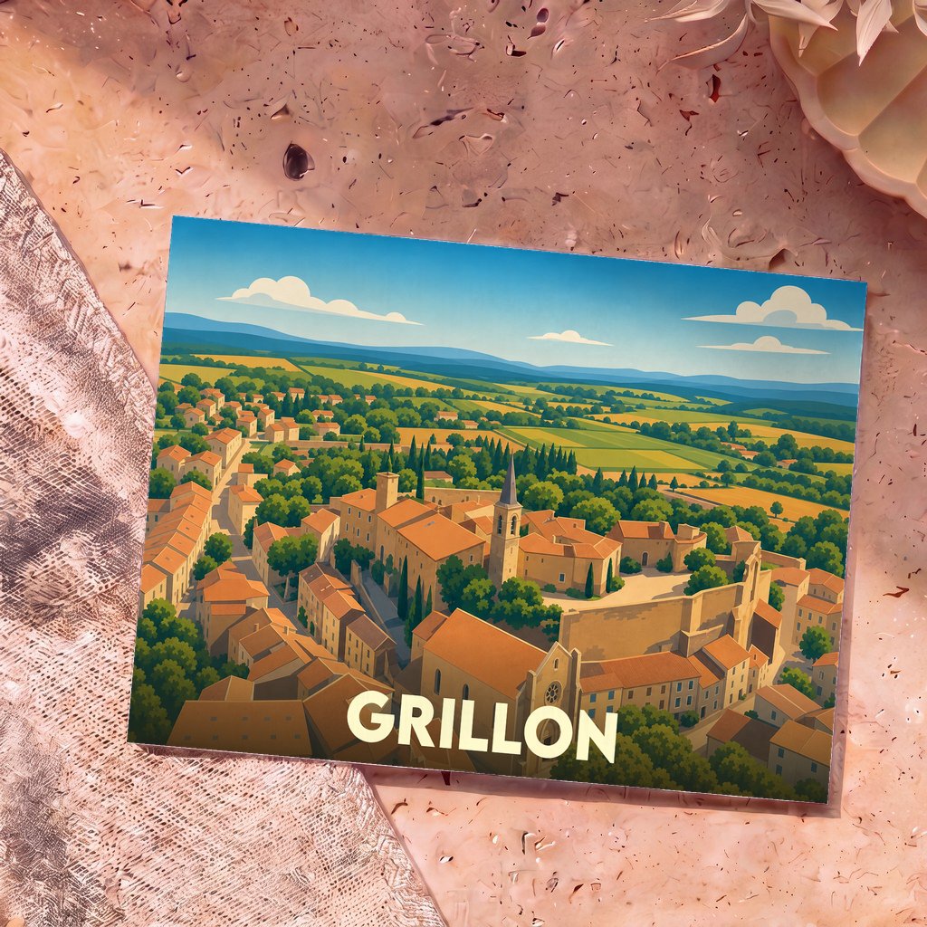 Carte postale souvenir de la ville de Grillon avec une illustration stylisée d'un village provençal.