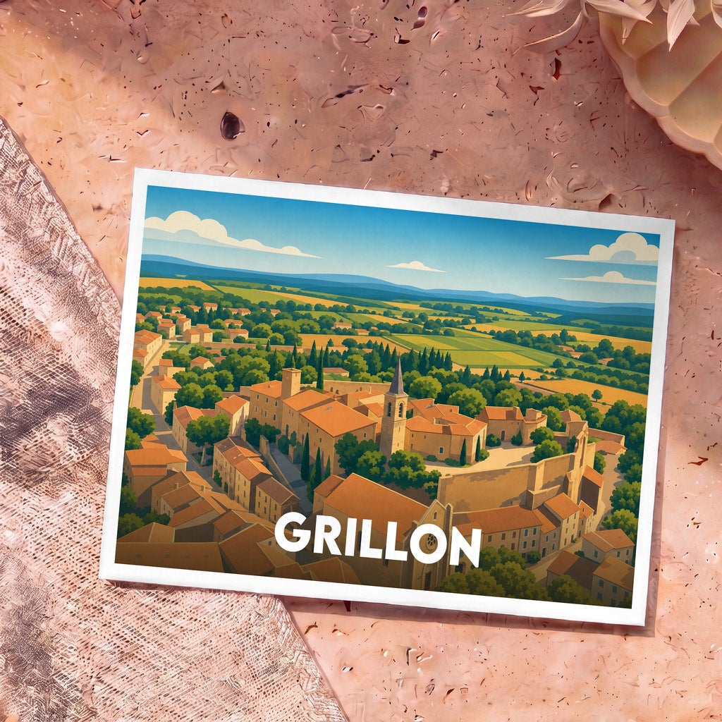 Carte postale souvenir de la ville de Grillon avec une illustration stylisée d'un village provençal niché dans la vallée.