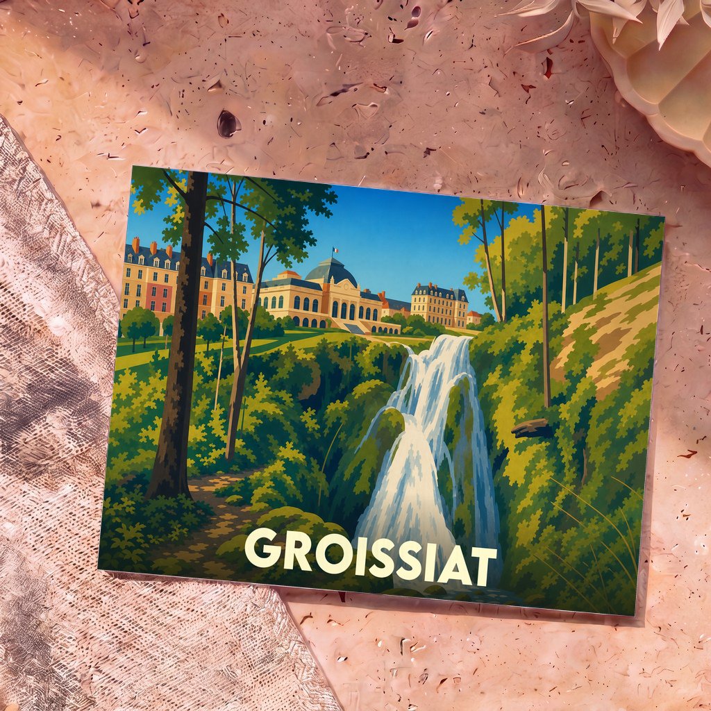 Carte postale souvenir de la ville de Groissiat avec une illustration stylisée représentant un palais surplombant une cascade.