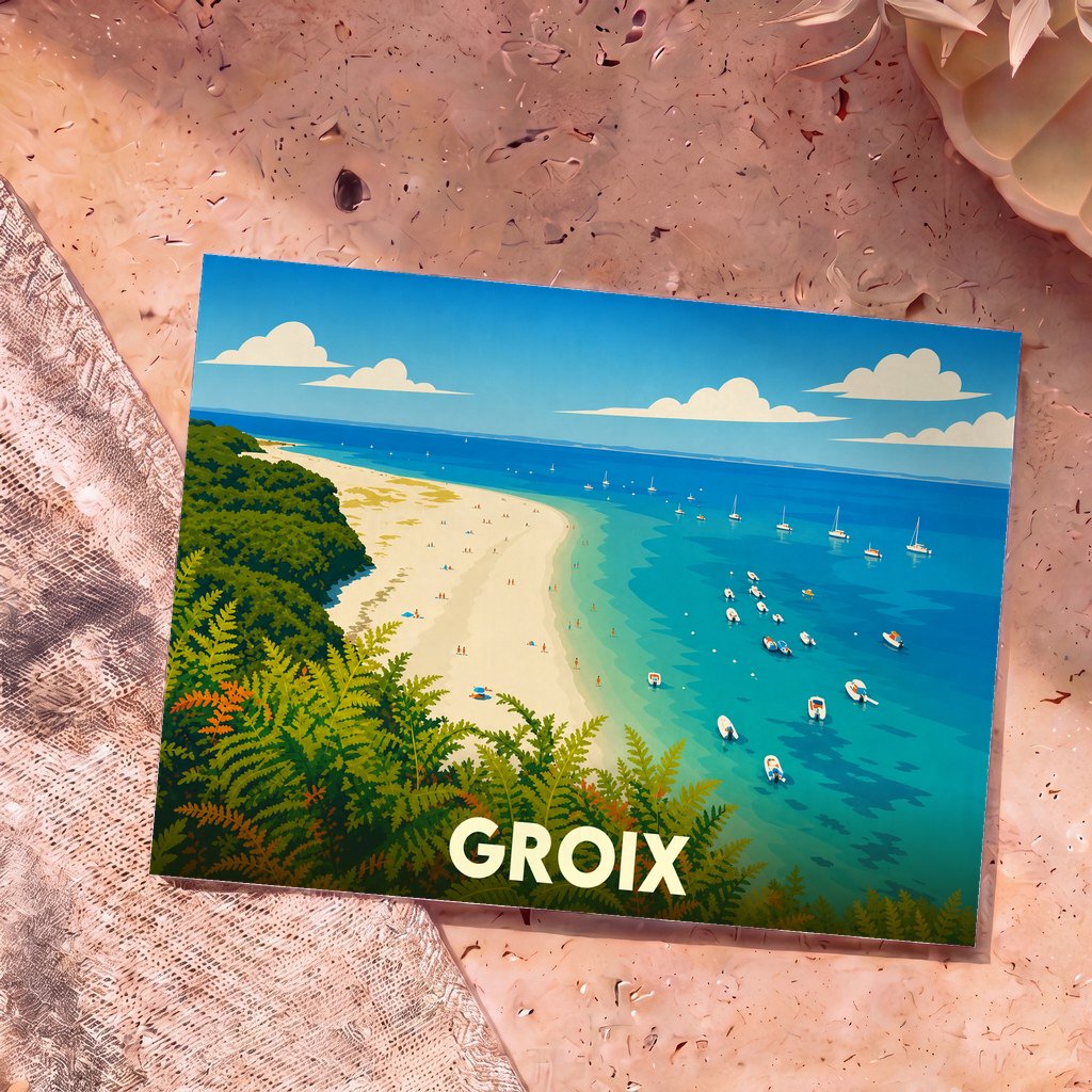 Carte postale souvenir de l'île de Groix avec une illustration stylisée d'une plage bordée d'eaux turquoise.