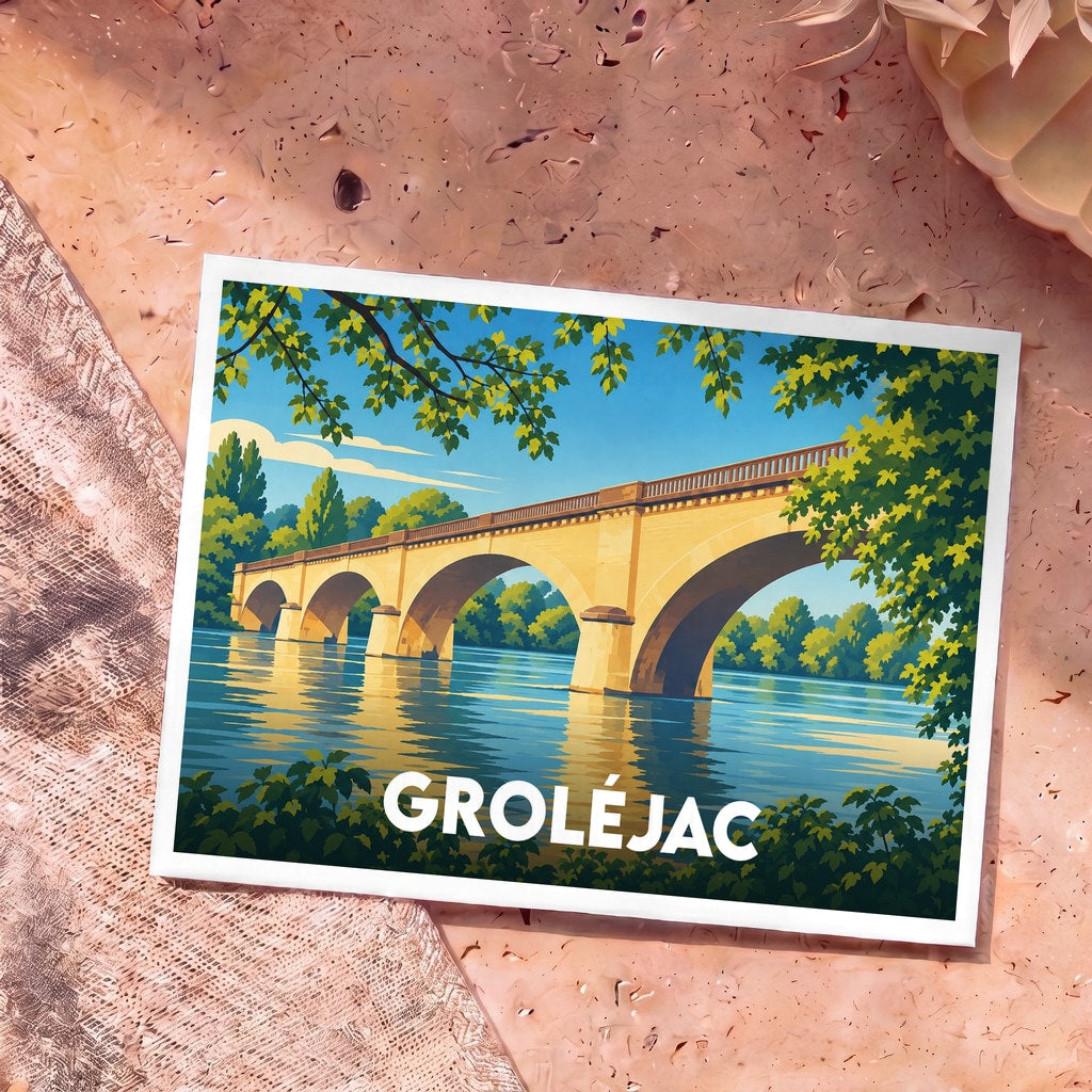 Carte postale souvenir de la ville de Groléjac avec une illustration stylisée de son pont surplombant la rivière.