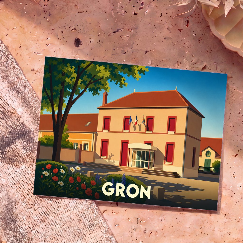 Carte postale souvenir de la ville de Gron avec une illustration stylisée de sa mairie.