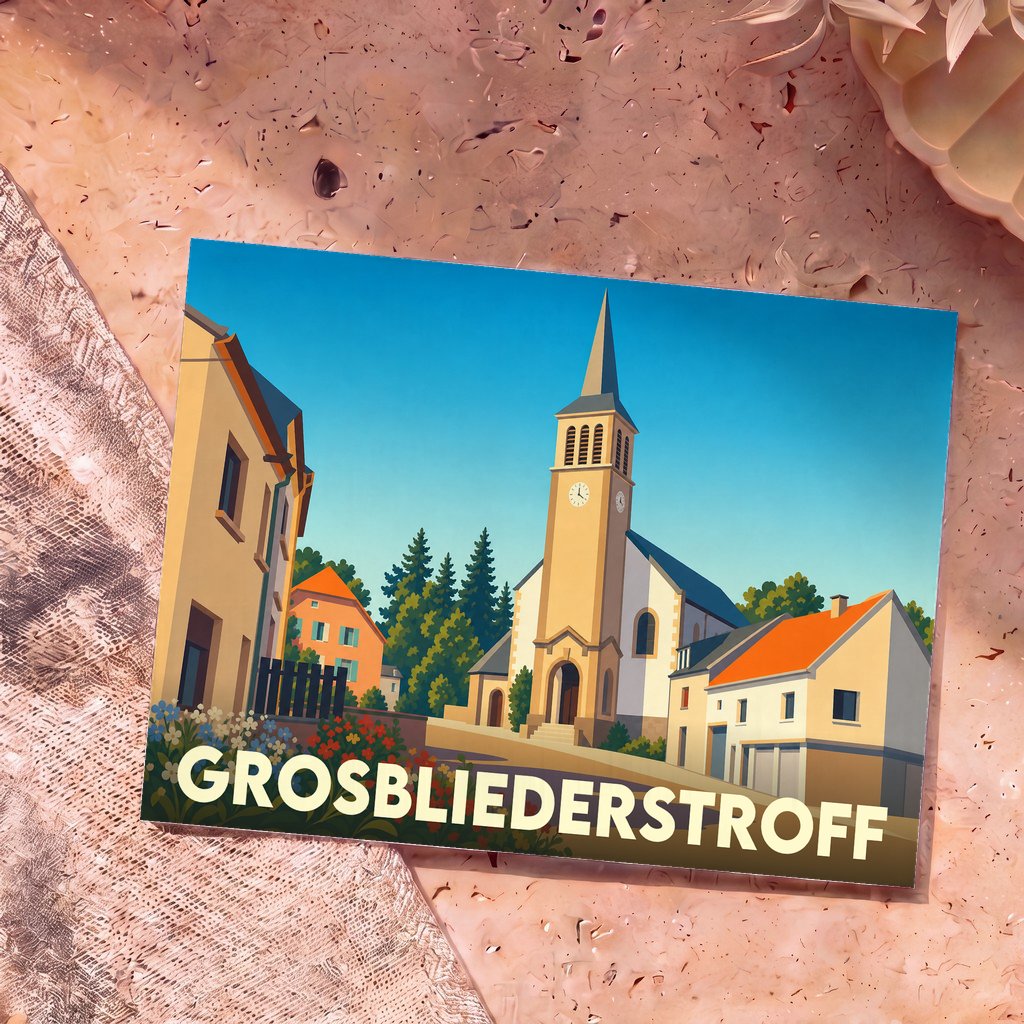 Carte postale souvenir de la ville de Grosbliederstroff avec une illustration stylisée de son église et de ses maisons colorées.