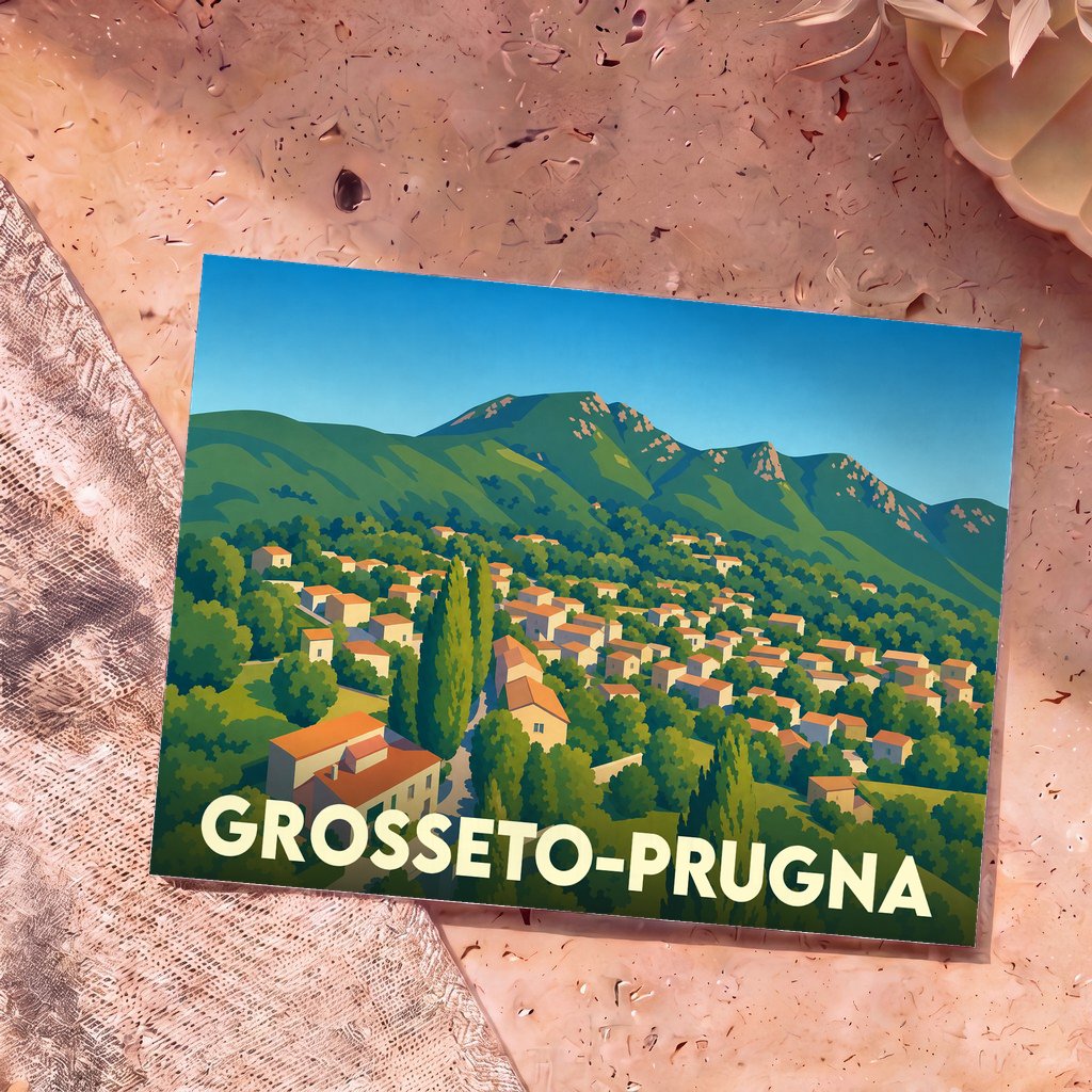 Carte postale souvenir de la ville de Grosseto-Prugna avec une illustration stylisée d'un village corse en montagne.