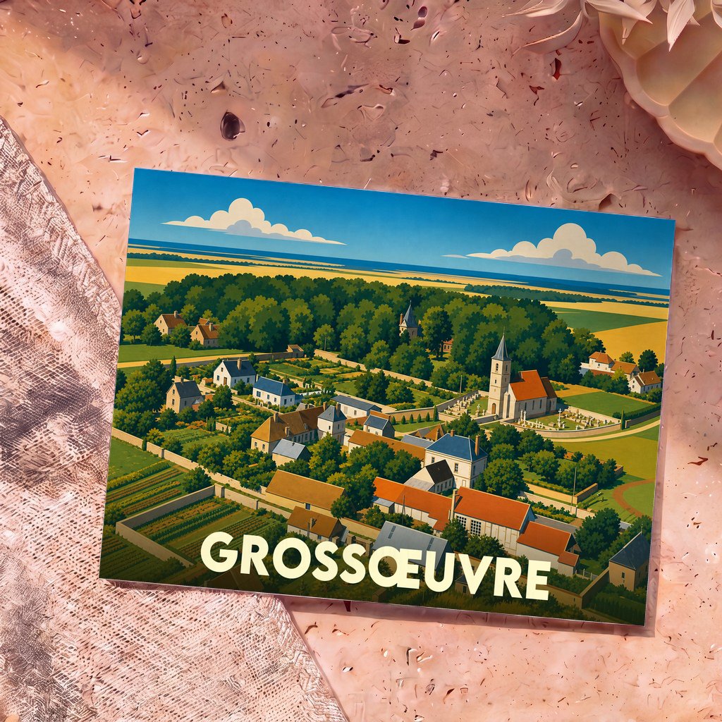 Carte postale souvenir de la ville de Grossœuvre avec une illustration stylisée représentant une vue aérienne du village.