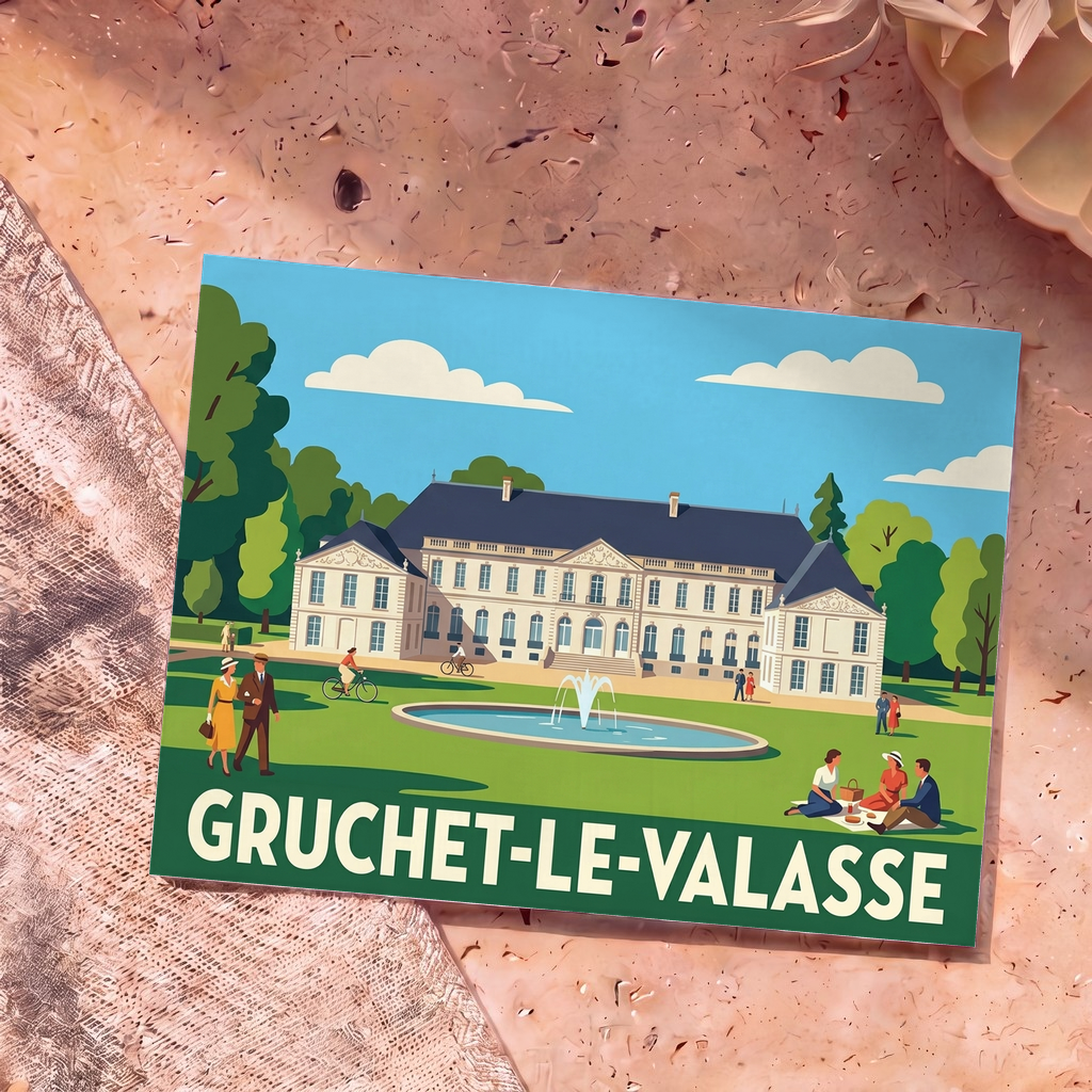 Carte postale souvenir de la ville de Gruchet-le-Valasse illustrant son abbaye dans un style rétro et coloré.