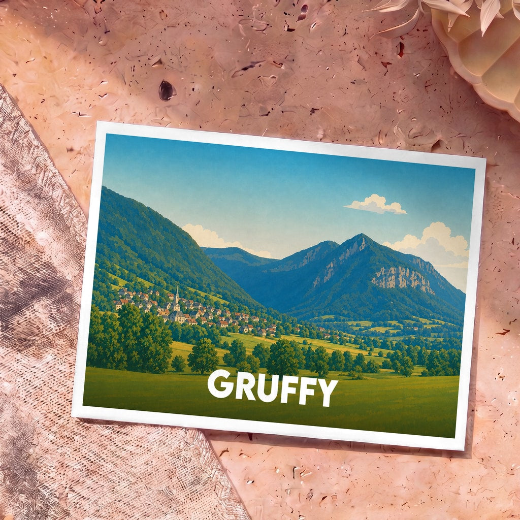 Carte postale souvenir de la ville de Gruffy illustrée par un paysage de montagne verdoyant.