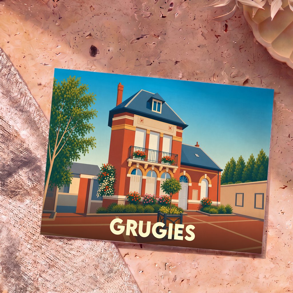 Carte postale souvenir de la ville de Grugies avec une illustration stylisée de sa mairie.
