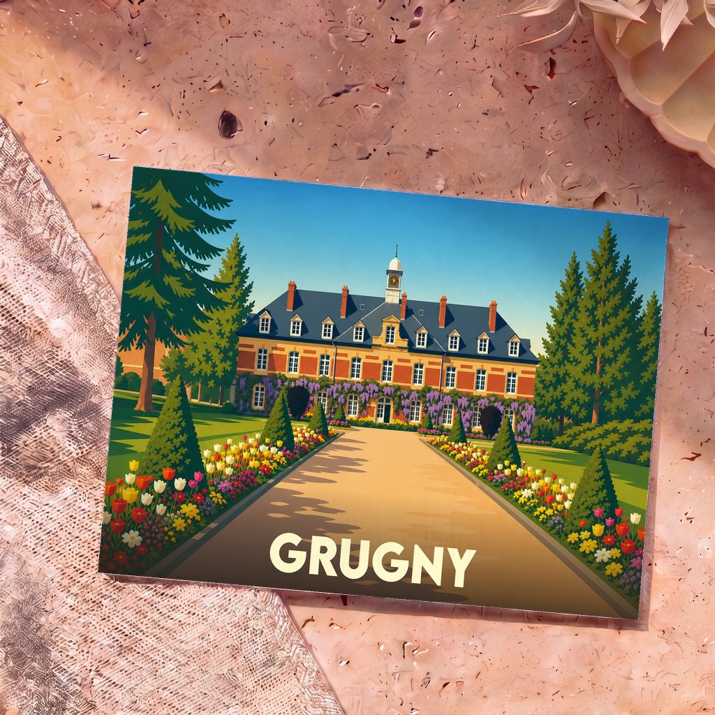 Carte postale souvenir de la ville de Grugny avec une illustration stylisée d'un manoir et ses jardins fleuris.