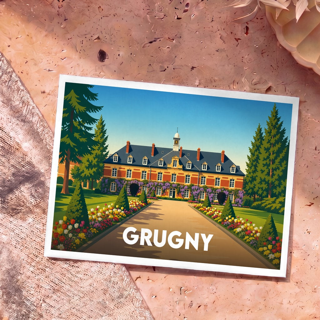 Carte postale souvenir de la ville de Grugny avec une illustration stylisée d'un manoir et ses jardins fleuris.