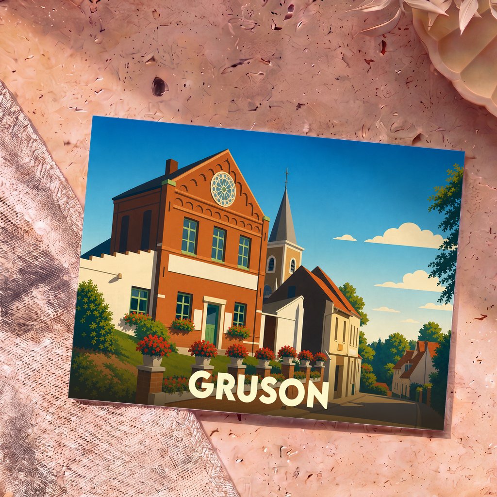 Carte postale souvenir de la ville de Gruson avec une illustration stylisée et colorée.