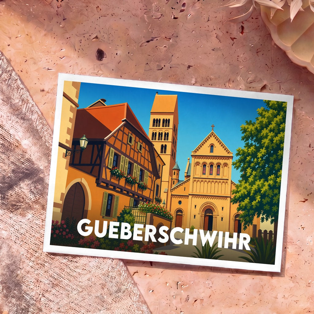 Carte postale souvenir de la ville de Gueberschwihr présentant une illustration stylisée de son architecture alsacienne et de son église romane.