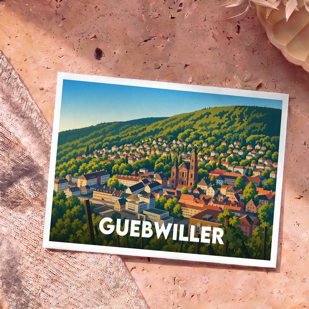 Carte postale souvenir de la ville de Guebwiller avec une illustration stylisée et colorée du paysage urbain.