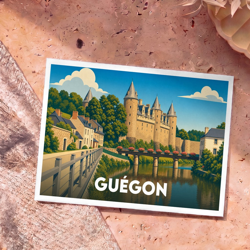 Carte postale souvenir de la ville de Guégon avec une illustration stylisée de son château et de sa rivière.