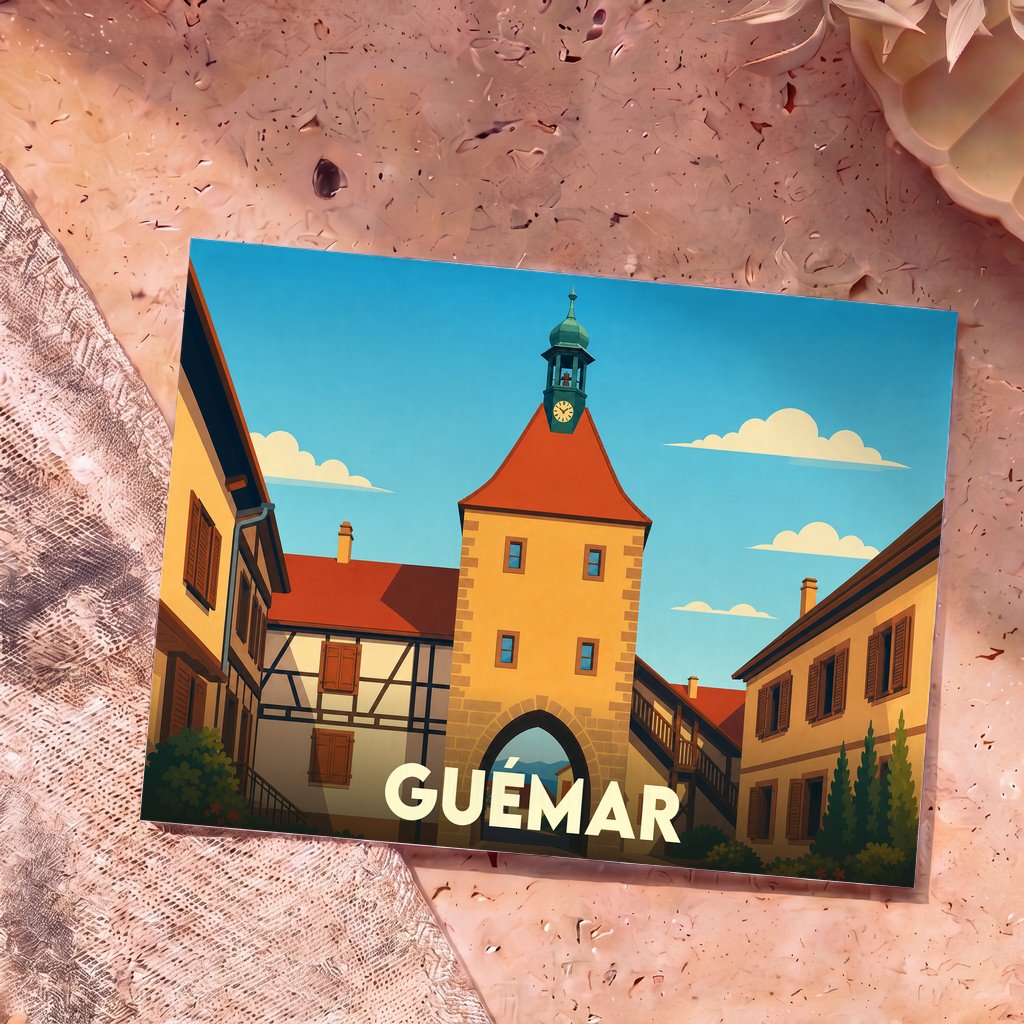 Carte postale souvenir de la ville de Guémar illustrant sa tour historique dans un style graphique épuré.