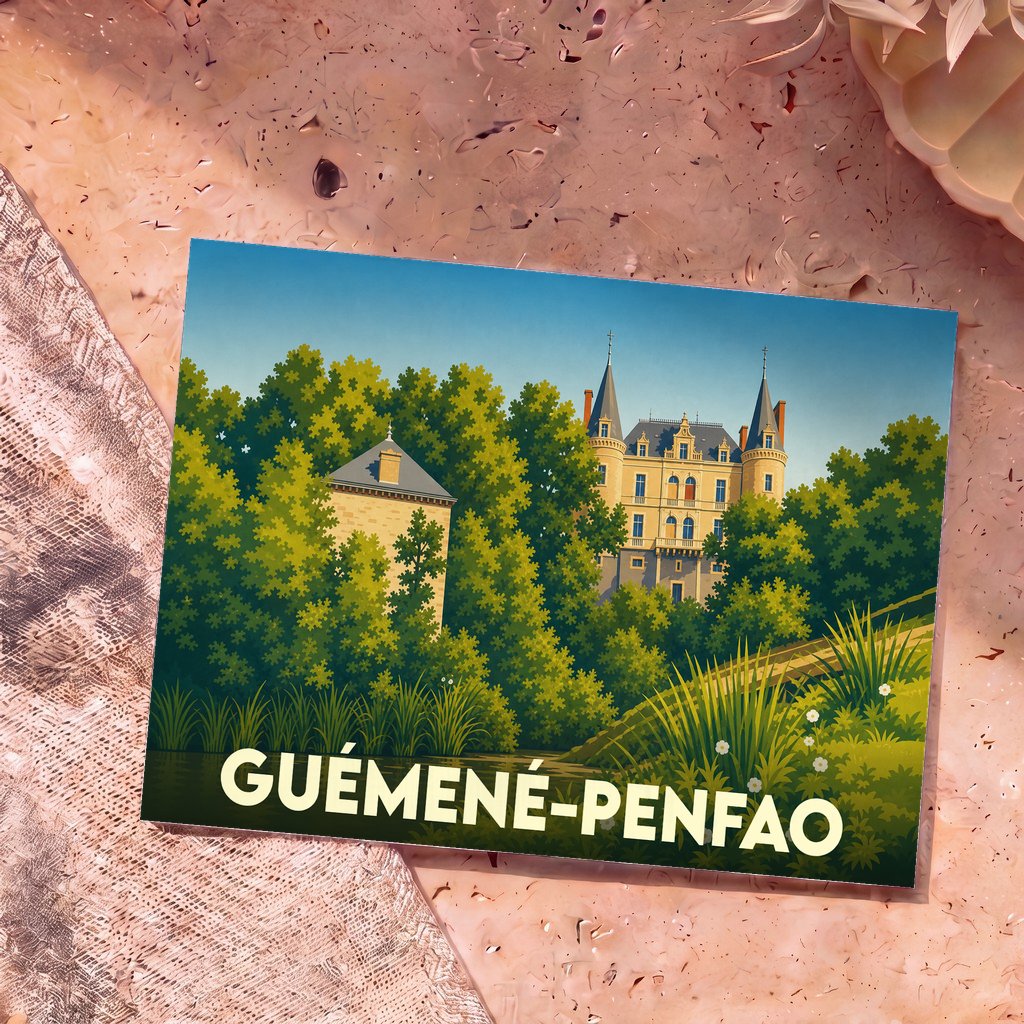 Carte postale souvenir de la ville de Guémené-Penfao illustrant un château niché dans la verdure.