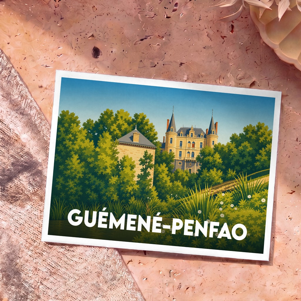 Carte postale souvenir de Guémené-Penfao illustrant un château niché dans la végétation au bord de l'eau.