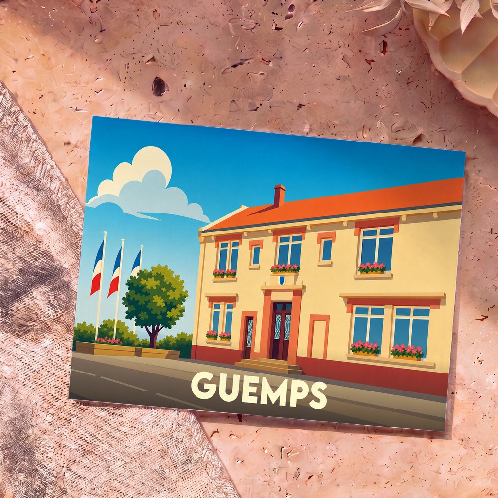 Carte postale souvenir de la ville de Guemps avec une illustration stylisée de sa mairie sous un ciel bleu.