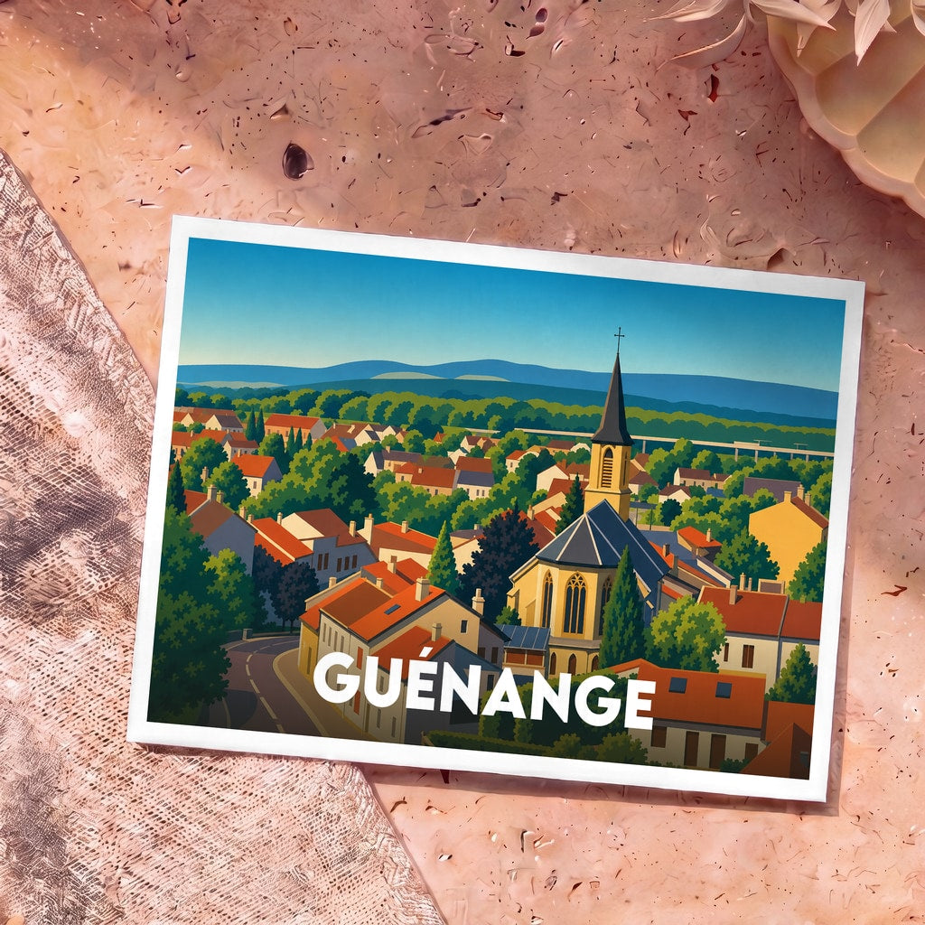 Carte postale souvenir de la ville de Guénange avec une illustration stylisée.