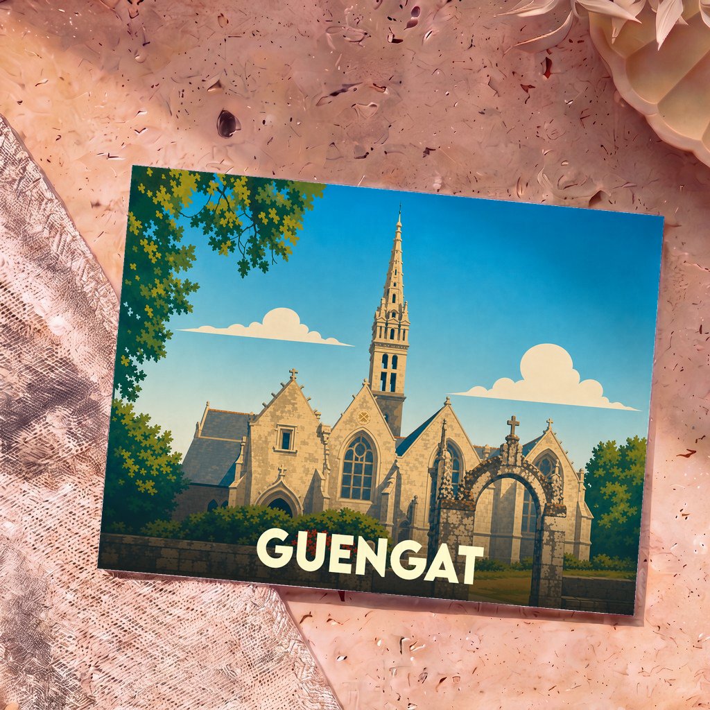 Carte postale souvenir de la ville de Guengat avec une illustration stylisée de son église.