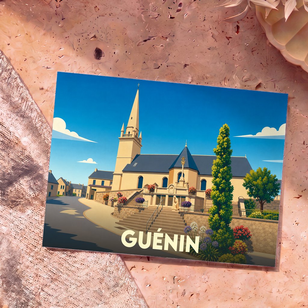 Carte postale souvenir de la ville de Guénin avec une illustration stylisée de son église sous un ciel bleu.
