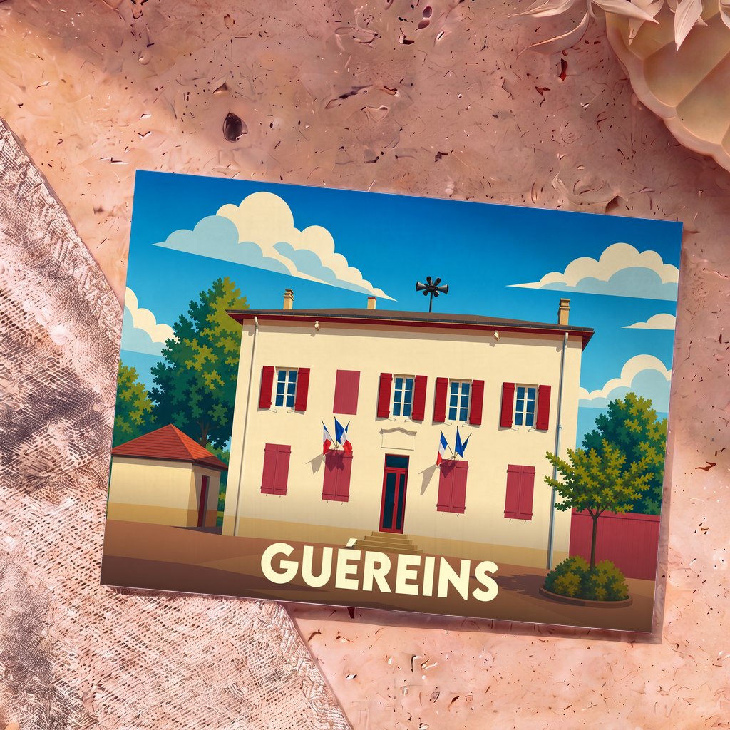 Carte postale souvenir de la ville de Guéreins illustrant la mairie avec un style graphique épuré.