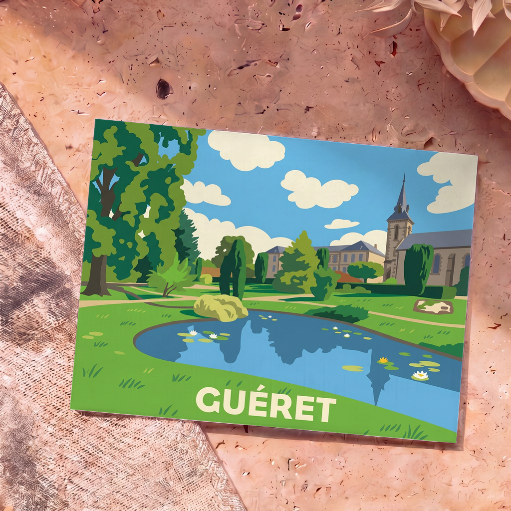 Carte postale souvenir de la ville de Guéret avec une illustration stylisée d'un parc paysager et d'une église.