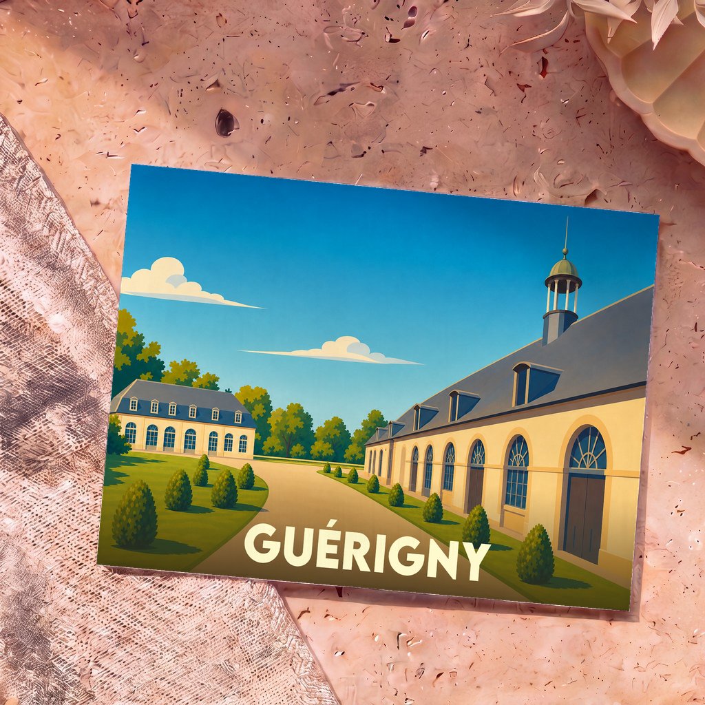 Carte postale souvenir de la ville de Guérigny avec une illustration stylisée de ses bâtiments historiques.