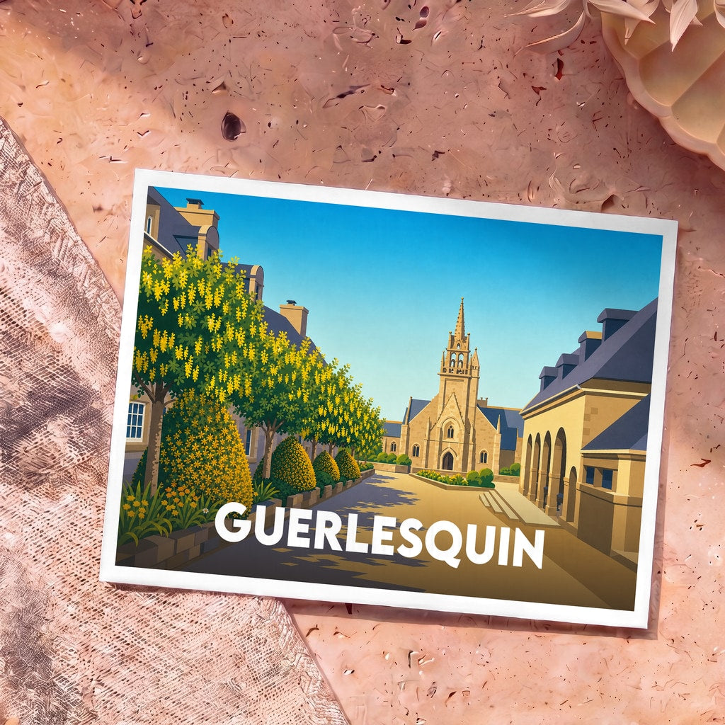 Carte postale souvenir de la ville de Guerlesquin avec une illustration stylisée de sa place centrale et de son église.