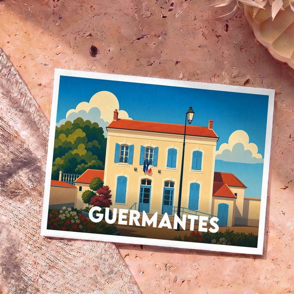 Carte postale souvenir de la ville de Guermantes avec une illustration stylisée de sa mairie aux volets bleus.