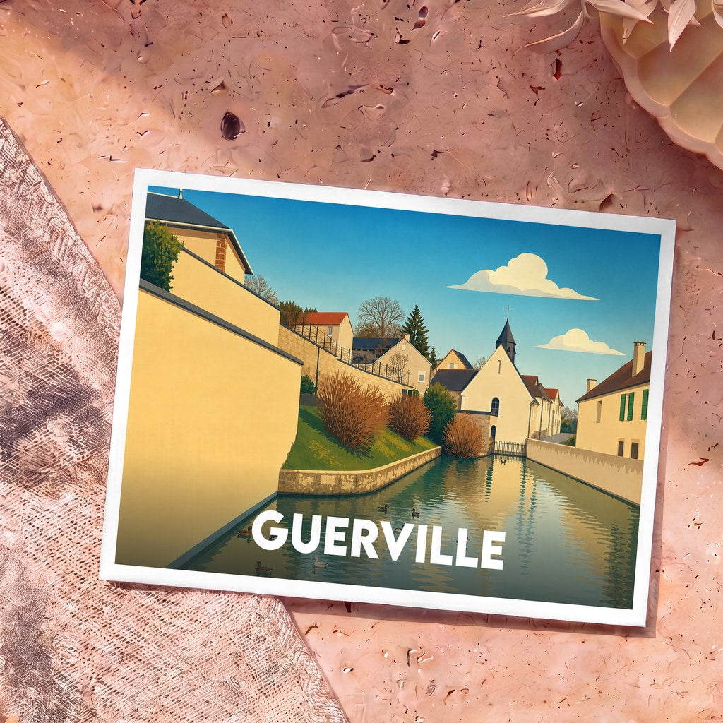 Carte postale souvenir de la ville de Guerville avec une illustration stylisée d'un canal et de ses canards.