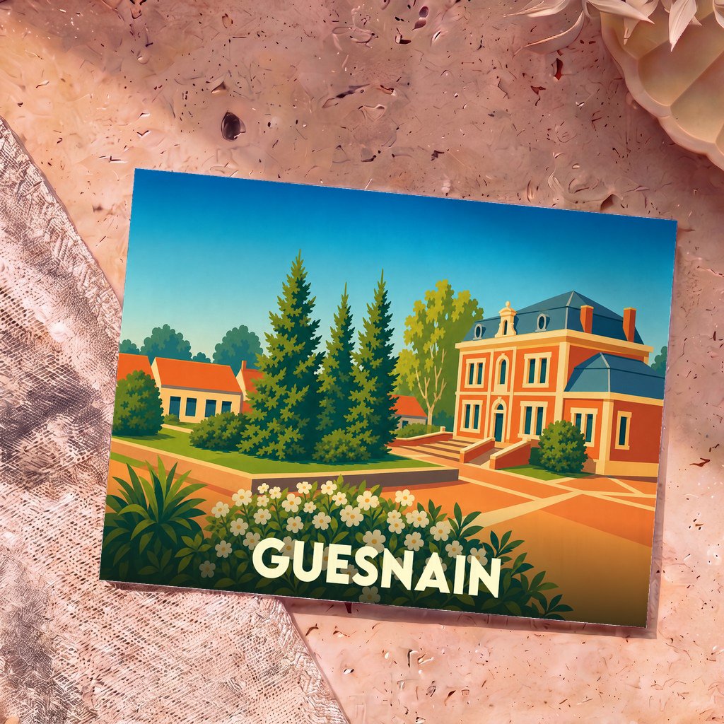 Carte postale souvenir de la ville de Guesnain avec une illustration stylisée.